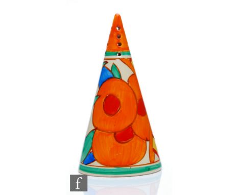 Clarice Cliff - Bobbins - A Conical sugar sifter circa 1932, hand painted with stylised flowers, foliage and cotton reels wit