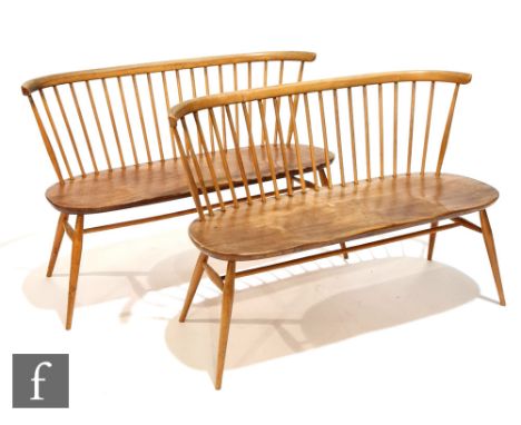 Lucian Ercolani for Ercol Furniture - A pair of model 450 love seats or dining benches, with solid elm seats and beech spindl