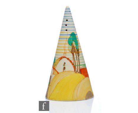 Clarice Cliff - Brookfields - A conical sugar sifter circa 1936, hand painted with a stylised tree and cottage landscape with