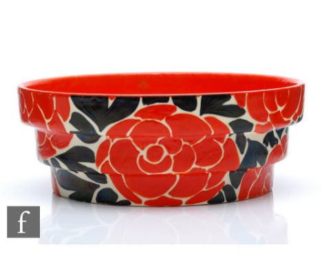 Clarice Cliff - Latona Red Roses - A shape 419 circular stepped bowl circa 1930, hand painted with large red flowers with bla
