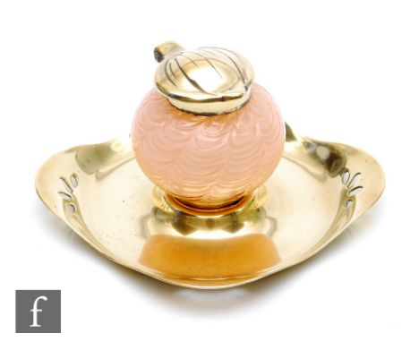 Kralik - An early 20th Century draped glass inkwell, of spherical form with a repeat loop pattern to the coral pink ground, m
