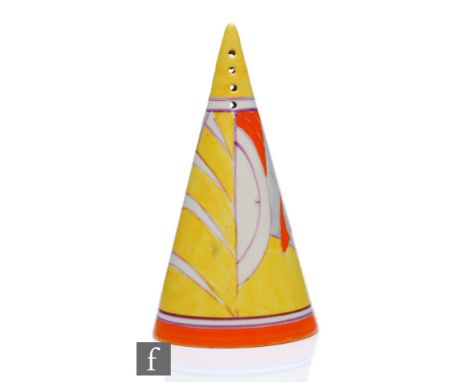 Clarice Cliff - Xanthic - A conical sugar sifter circa 1932, hand painted with an abstract pattern in purple, grey, orange an