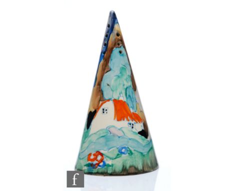Clarice Cliff - Newlyn - A conical sugar sifter circa 1936, hand painted with a stylised tree and cottage landscape below ton