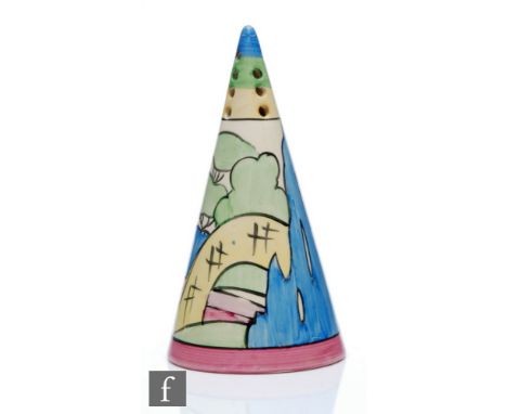 Clarice Cliff - Pink Roof Cottage - A conical sugar sifter circa 1932, hand painted in a stylised landscape with bridge betwe