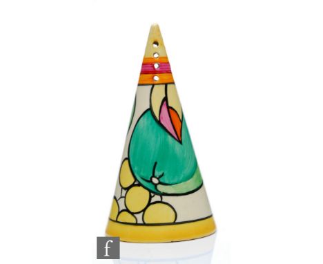 Clarice Cliff - Apples - A conical sugar sifter circa 1931, hand painted with apples and foliage above a piano keyboard motif