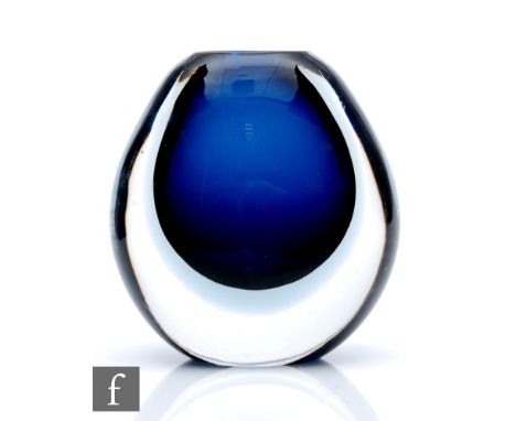 Vicke Lindstrand&nbsp; - Kosta - A post war glass vase of compressed ovoid form, the deep blue core double cased in clear, en