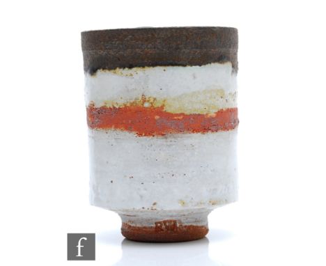 Robin Welch -&nbsp;A contemporary studio pottery vase of footed cylindrical form with a rough textured ground decorated with 