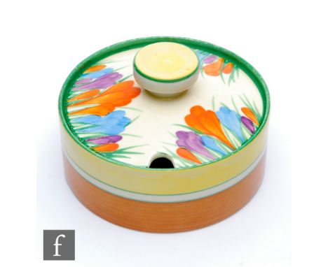 Clarice Cliff - Crocus - A shallow Bon Jour shape preserve circa 1932, hand painted to the cover with radial Crocus sprays wi