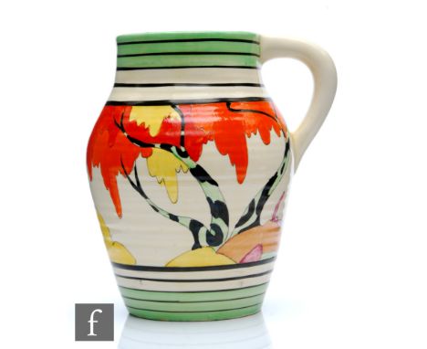 Clarice Cliff - Honolulu - A small size single handled Lotus jug circa 1933, hand painted with a stylised tree landscape betw