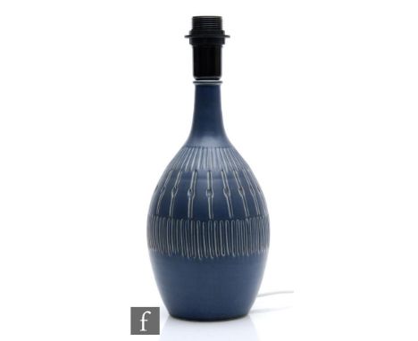 Soholm - A mid 20th Century lamp base glazed in dark blue with bands of sgraffito decoration, impressed mark, height 37cm (in