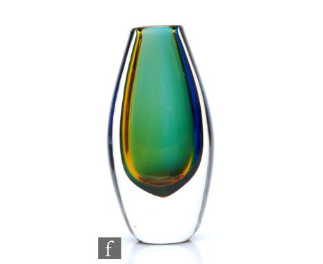 Vicke Lindstrand - Kosta - A post war sommerso glass vase of tear drop form, the amber over blue over green core cased in cle