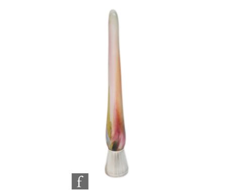 Unknown - A contemporary studio glass lamp, free blown with internal colours to satin finish, of elongated tapered form, rais