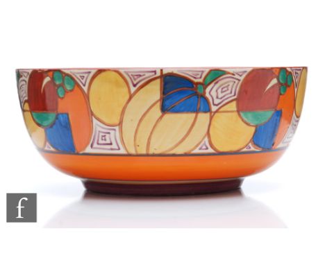 Clarice Cliff - Melon - A Holborn shape fruit bowl circa 1930, hand painted with a band of abstract fruit with red, blue and 
