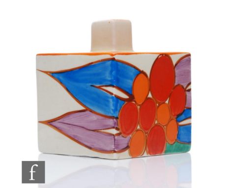 Clarice Cliff - Berries - A shape 458 square inkwell circa 1932, hand painted with stylised fruit and foliage with orange and