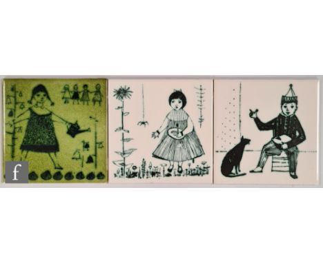 Ann-Wynn Reeves and Kenneth Clark - H and R Johnson - Three 1960s 6 inch dust pressed tiles each decorated with a stylised nu