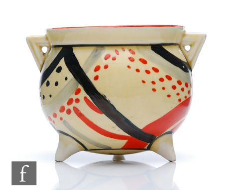 Clarice Cliff - Carpet (Red) -&nbsp; A cauldron hand painted in a repeat abstract motif, double image, with red banding, Biza