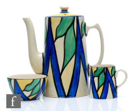 Clarice Cliff - Double V - A Tankard shape coffee pot, milk and sugar circa 1929, hand painted with a chevron and stylised fo