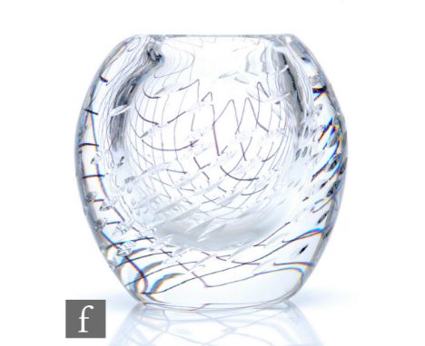 Vicke Lindstrand - Kosta -&nbsp;A 1950s crystal glass vase, model LS612, the compressed ovoid body decorated with a spirallin