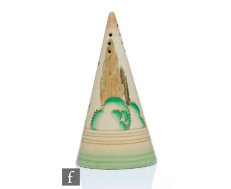Clarice Cliff - Napoli - A conical sugar sifter circa 1937, hand painted with a stylised garden landscape with gold stars bet