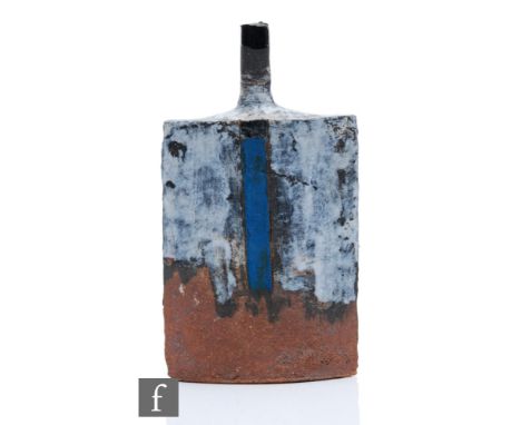 Robin Welch -&nbsp;A contemporary studio pottery vase of compressed flask form with a narrow collar neck, the body decorated 