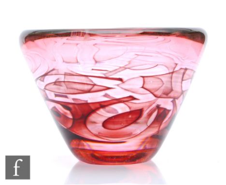 Vicke Lindstrand - Kosta - A post war glass vase of conical form, internally decorated with mottled red with random overlappi