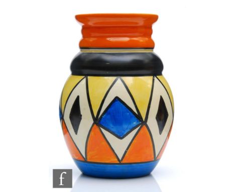 Clarice Cliff - Double Diamonds - A shape 358 vase circa 1929, hand painted with a band of diamond and triangular motifs betw