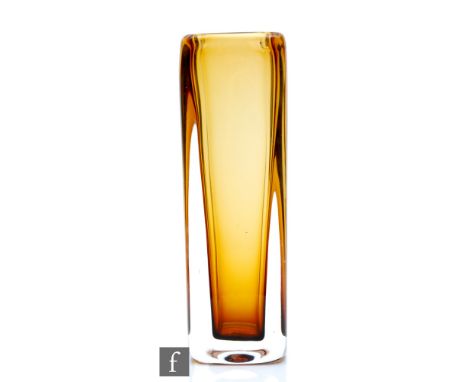 Vicke Lindstrand - Kosta - A post war glass vase of square section, in an amber tint cased in clear, engraved signature, heig