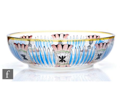 Haida - An early 20th Century glass bowl of circular section, hand enamel decorated with a band of stylised flowers spaced wi