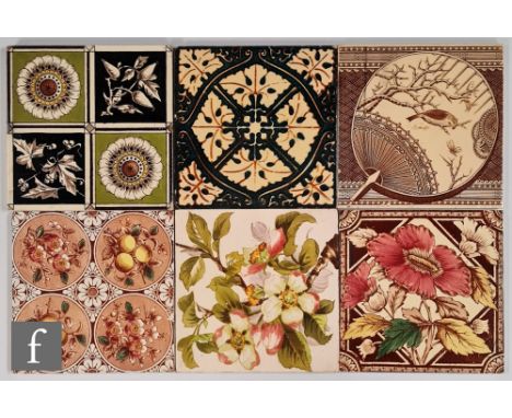 Various - Six late 19th Century Victorian 6 inch dust pressed tiles to include a Doulton example with hand painted dog roses 