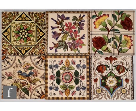 Assorted - Six late 19th Century printed and tinted 6 inch dust pressed tiles to include Decorative Art Tile Co decorated wit