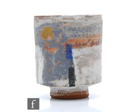 Robin Welch -&nbsp;A contemporary studio pottery vase of footed cylindrical form with a rough textured ground decorated with 