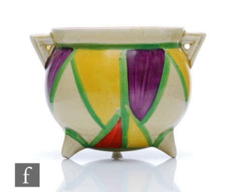 Clarice Cliff - Original Bizarre - A small cauldron circa 1929, hand painted with interlocking triangles in purple, yellow an