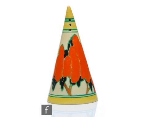 Clarice Cliff - Solitude - A conical sugar sifter circa 1933, hand painted with a stylised tree and bridge landscape between 