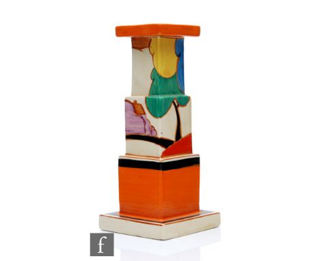 Clarice Cliff - Blue Autumn - A shape 392 square stepped candlestick circa 1930, hand painted with a stylised tree and cottag