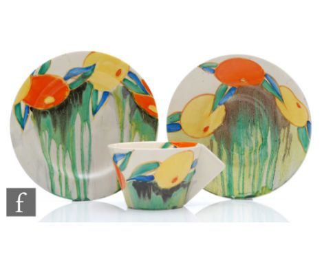 Clarice Cliff - Delecia Citrus - A Conical cup and saucer and matched side plate circa 1933, hand painted with a band of styl