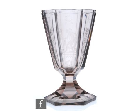 Simon Gate - Orrefors&nbsp;- An early 20th Century footed glass vase, circa 1928, the bowl of six sided form, facet cut and e