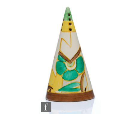 Clarice Cliff - Moonflower - A conical sugar sifter circa 1933, hand painted with an abstract flower and panel design between