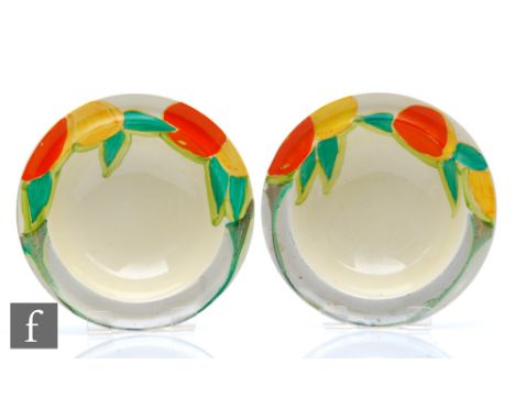 Clarice Cliff - Delecia Peaches - A pair of circular desert bowls circa 1933, hand painted with stylised fruit and foliage to