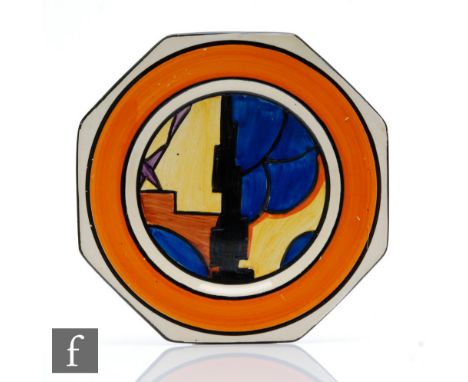 Clarice Cliff - Sunray (Night &amp; Day) - A small octagonal side plate circa 1930, hand painted with&nbsp;a skyscraper motif