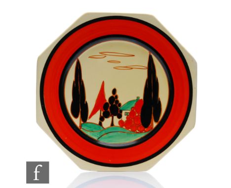 Clarice Cliff - Red Trees &amp; House - A large octagonal plate circa 1930, hand painted with a stylised tree and cottage lan