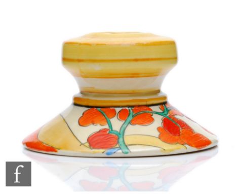 Clarice Cliff - Bridgewater Orange - A shape 331 candlestick circa 1934, hand painted with a stylised landscape with riversid