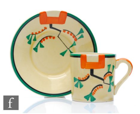 Clarice Cliff - Ravel - A Tankard shape coffee can and saucer circa 1930, hand painted with an abstract spray to the shoulder