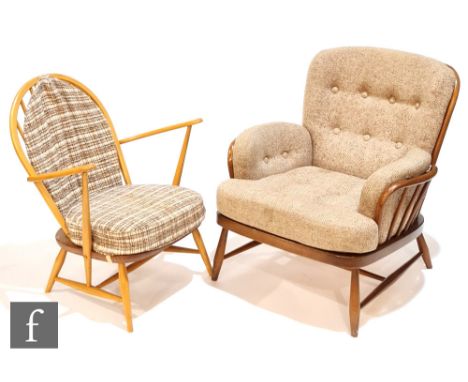 Ercol Furniture - A model 305 Windsor tub chair with solid elm seat and beech spindle frame, together with a later model 766 