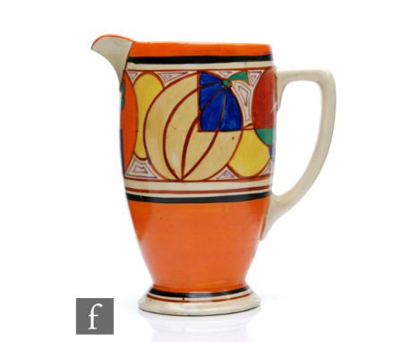 Clarice Cliff - Melon - A Coronet shape jug circa 1930, hand painted with a band of abstract fruit between orange and black b