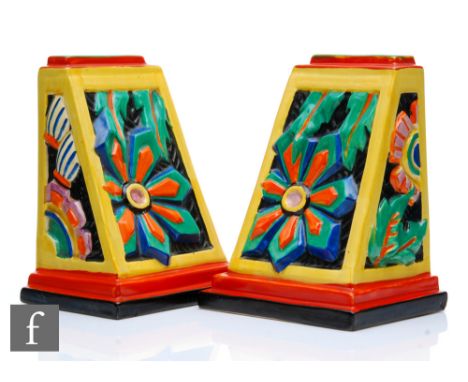 Clarice Cliff - Floreat - A pair of Clarice Cliff shape 406 book ends circa 1930, relief moulded with stylised abstract flowe