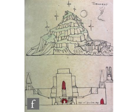 Albert Wainwright (1898-1943) - A sketch depicting a study of a rocky cliff with a vintage car above a set design for a Greek