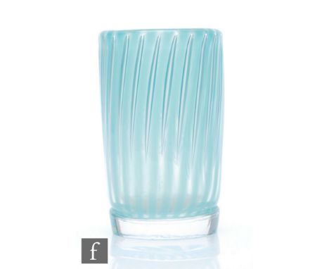 Edvin Ohrstrom - Orrefors - A post war ariel glass vase of cylindrical form, decorated with vertical bands of turquoise betwe