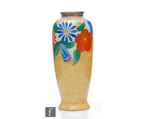 Clarice Cliff - Canterbury Bells - A shape 186 vase circa 1933, hand painted with stylised flowers and foliage between brown 