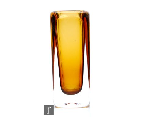Vicke Lindstrand - Kosta - A post war glass vase of square section, in an amber tint cased in clear, engraved signature, heig