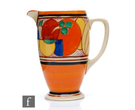 Clarice Cliff - Melon - A Coronet shape jug circa 1930, hand painted with a band of abstract fruit between orange and black b